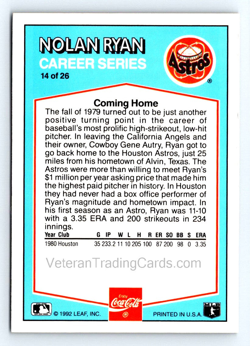 Nolan Ryan (b) 1992 Donruss Coca-Cola Nolan Ryan Card # 14