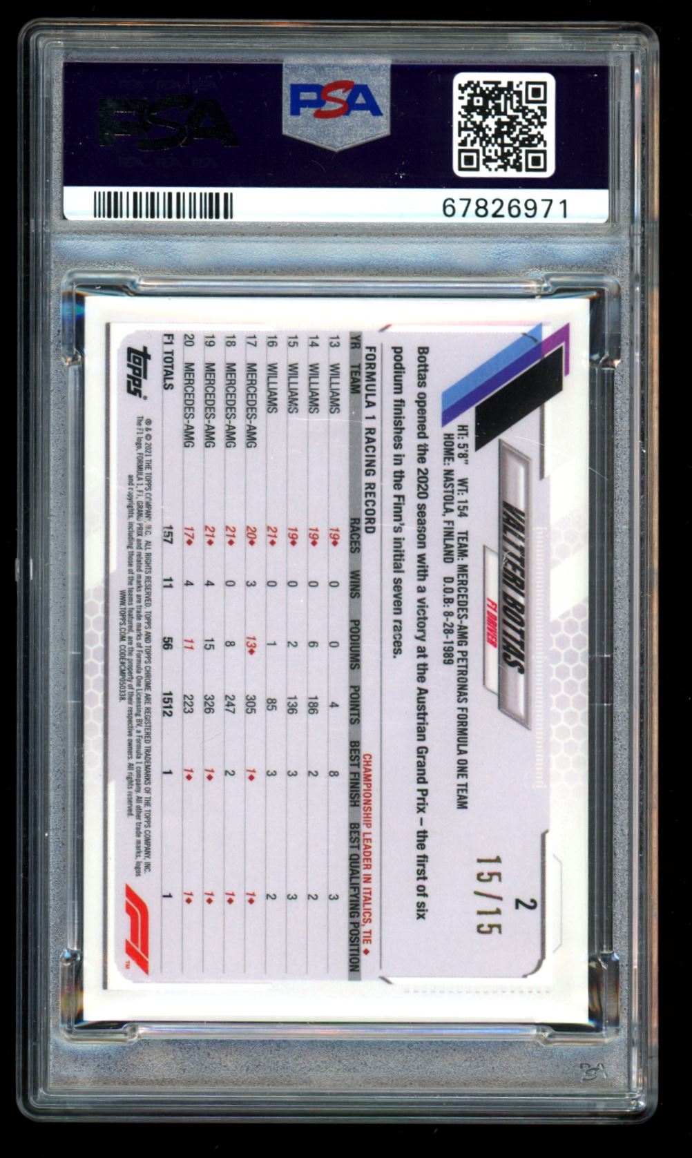 Valtteri Bottas Black and White 15/15 2021 Topps Chrome Sapphire Card # 2