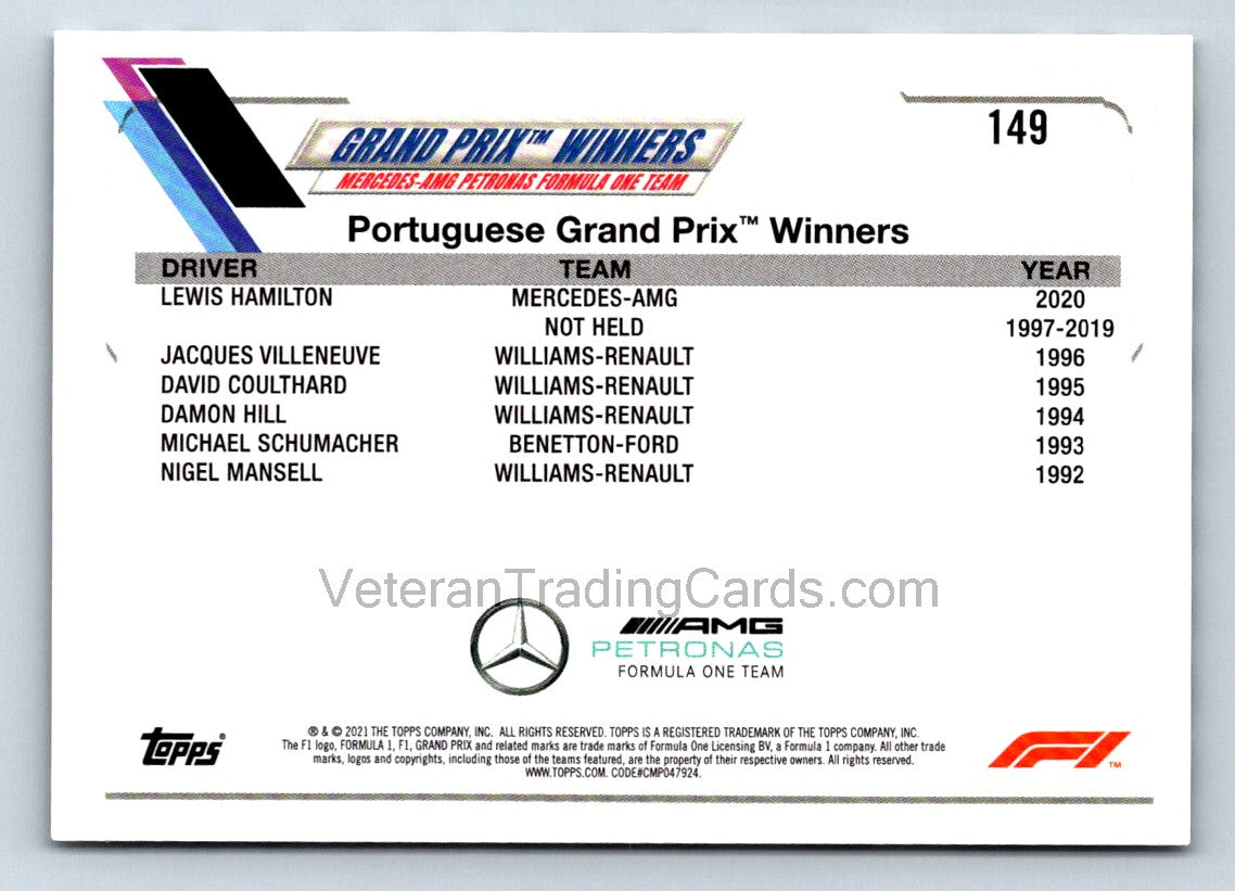 Lewis Hamilton Checker Flag 2021 Topps Formula One Card # 149