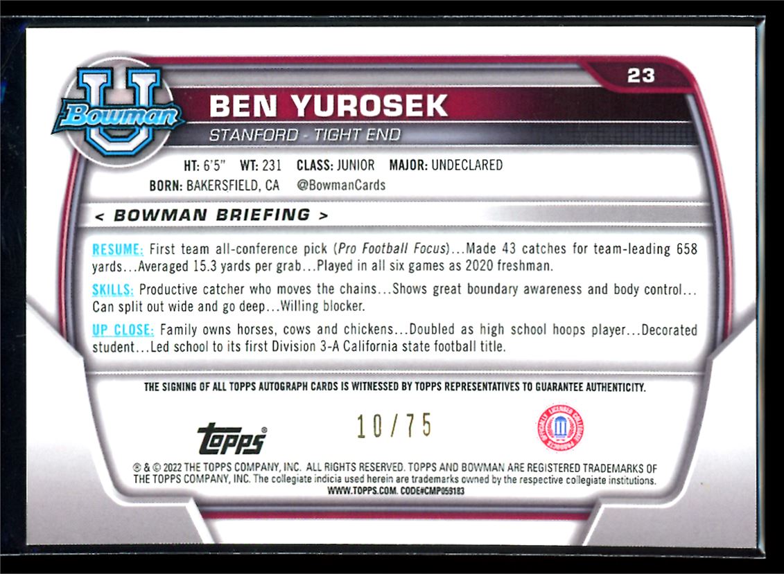 Ben Yurosek Yellow /75 2022 Bowman University Chrome Prospect Autographs Yellow Refractor Rookie Autograph Card # 23