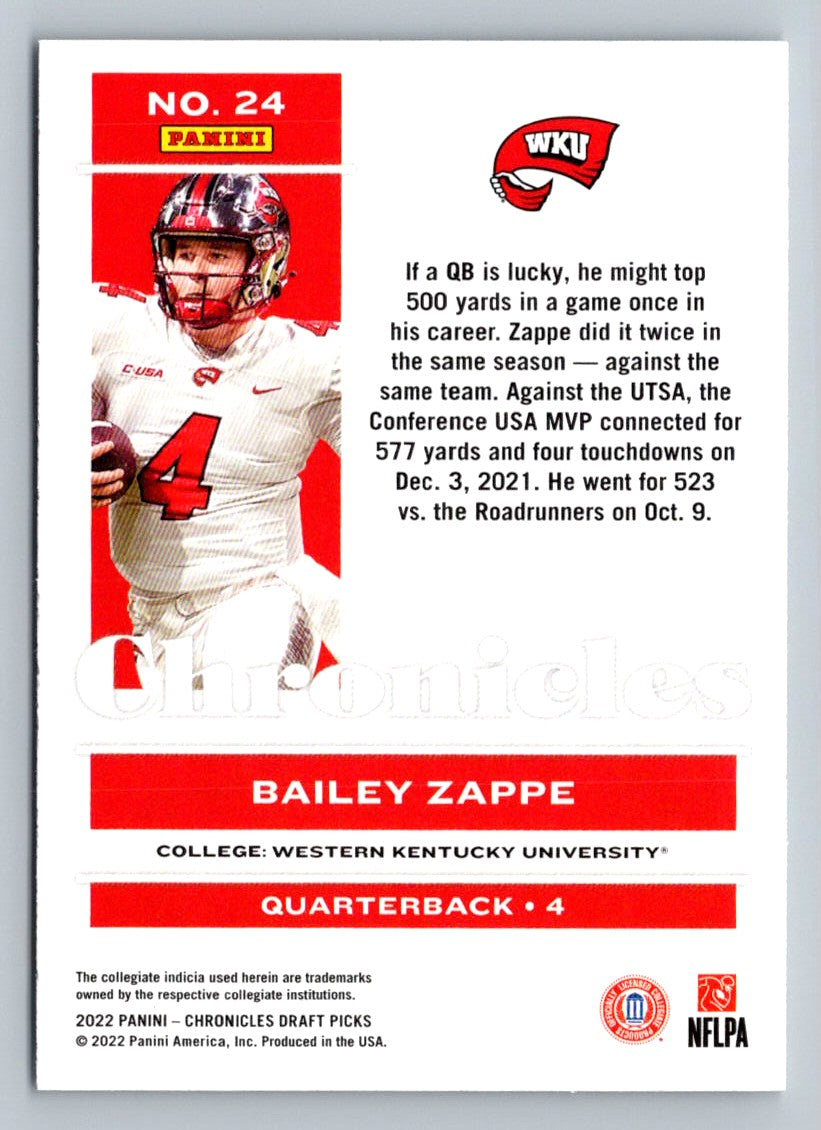 Bailey Zappe 2022 Panini Chronicles Draft Picks Rookie Card # 24