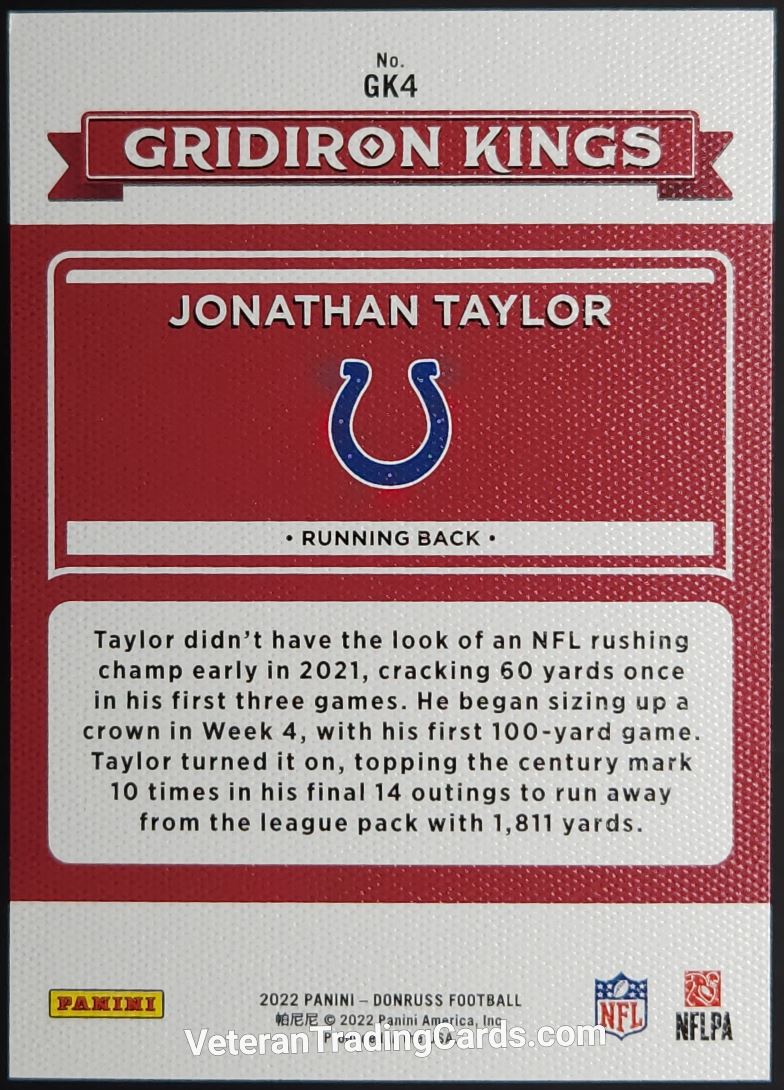 Jonathan Taylor Gridiron Kings 2022 Panini Donruss Football Card # GK-4