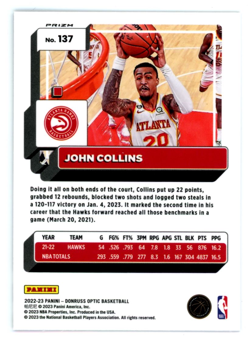 John Collins Purple Shock Prizm 2022 Panini Donruss Optic Card # 137
