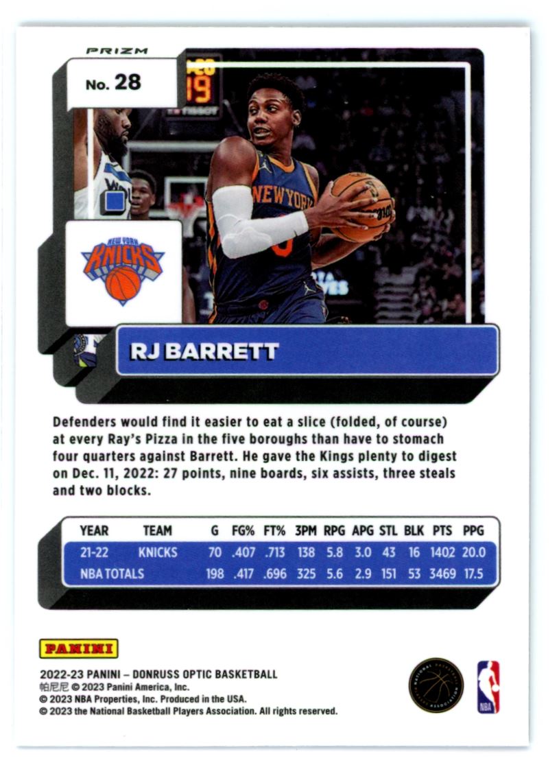 RJ Barrett Purple Shock Prizm 2022 Panini Donruss Optic Card # 28