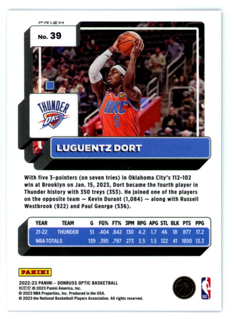 Luguentz Dort Purple Shock Prizm 2022 Panini Donruss Optic Card # 39