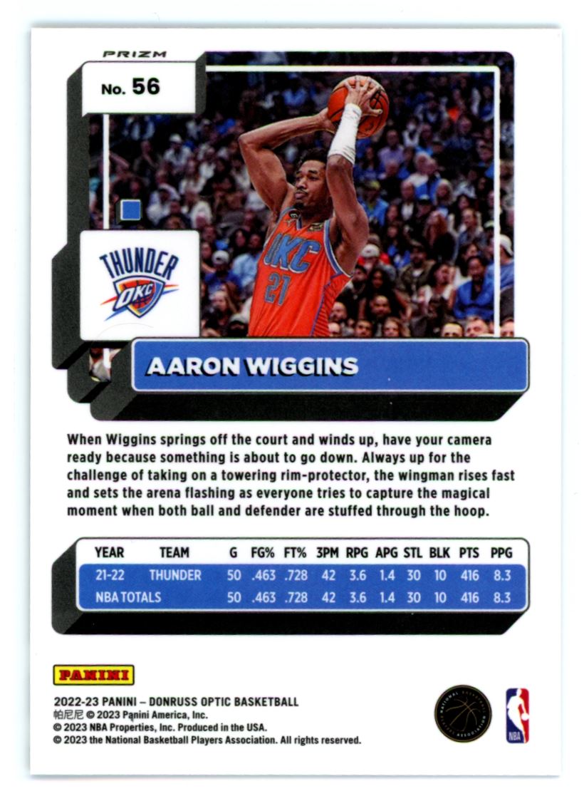 Aaron Wiggins Purple Shock Prizm 2022 Panini Donruss Optic Card # 56