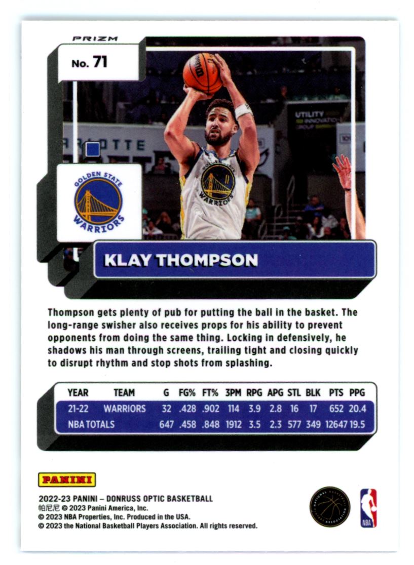 Klay Thompson Purple Shock Prizm 2022 Panini Donruss Optic Card # 71