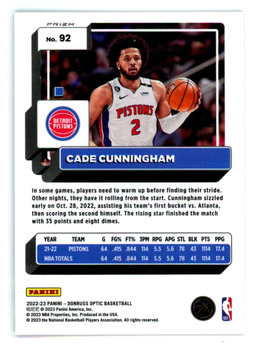 Cade Cunningham Purple Shock Prizm 2022 Panini Donruss Optic Card # 92