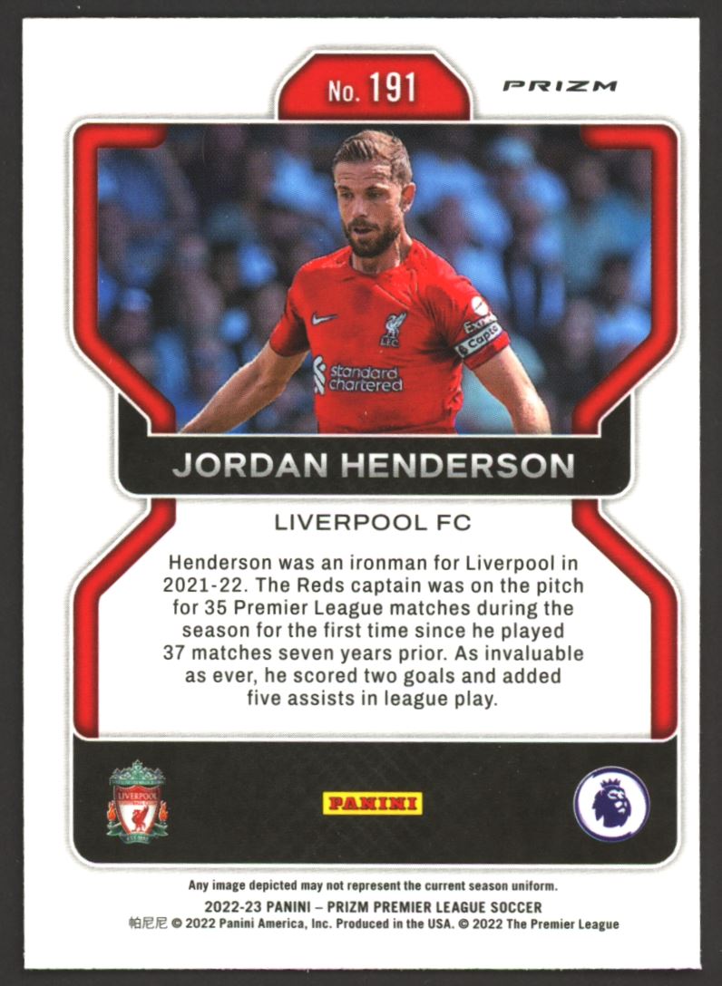 Jordan Henderson 2022 Panini Prizm Premier League Sparkle Card # 191