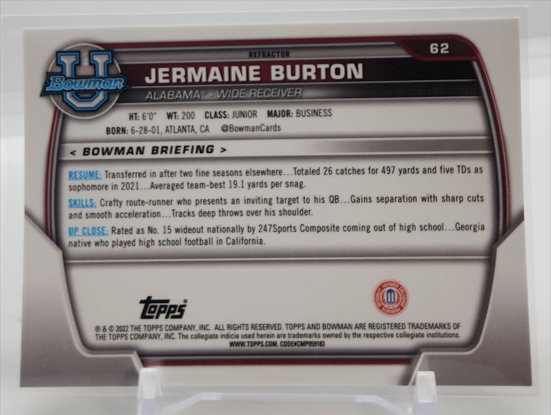 Jermaine Burton Silver Refractor 1st Bowman 2022 Topps Bowman University Chrome Rookie Card # 62