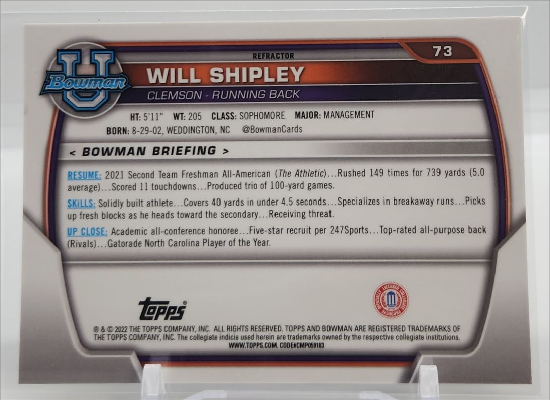 Will Shipley Silver Refractor 1st Bowman 2022 Topps Bowman University Chrome Rookie Card # 73