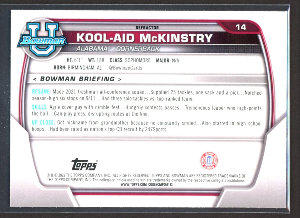 Kool-Aid McKinstry 2022 Topps Bowman University Rookie Card # 14