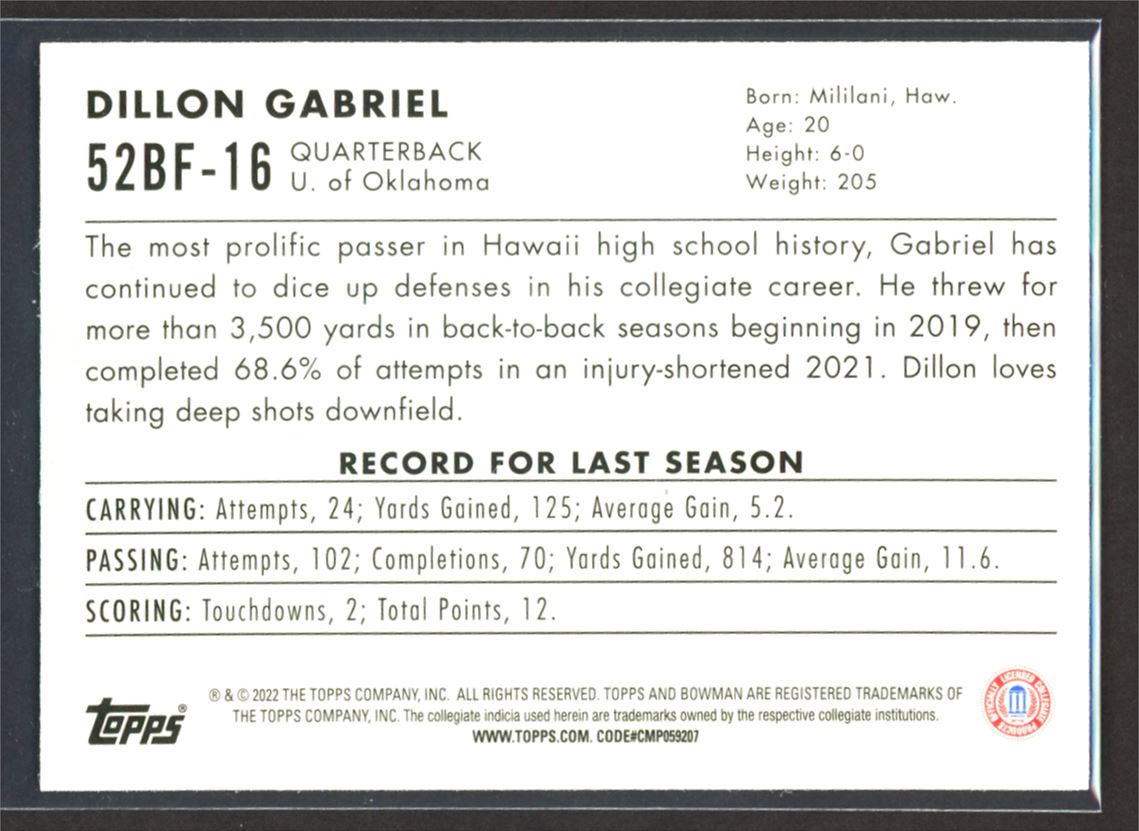 Dillon Gabriel 1952 Throwback 2022 Topps Bowman University Card # 52BF-16