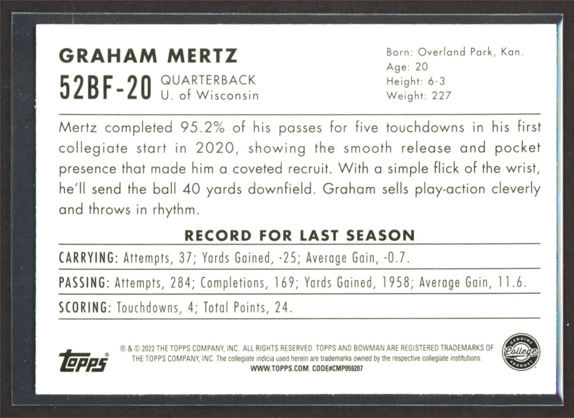 Graham Mertz 1952 Throwback 2022 Topps Bowman University Card # 52BF-20