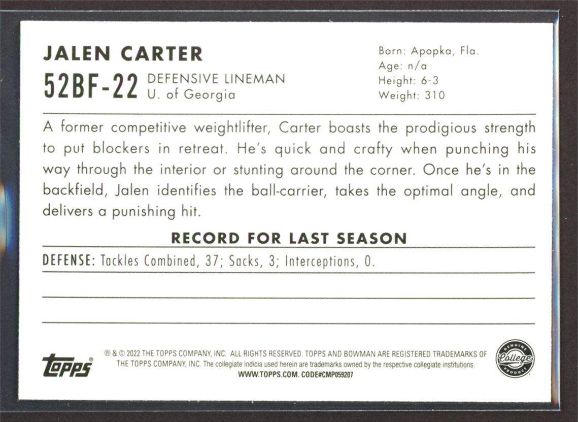 Jalen Carter 1952 Throwback 2022 Topps Bowman University Card # 52BF-22