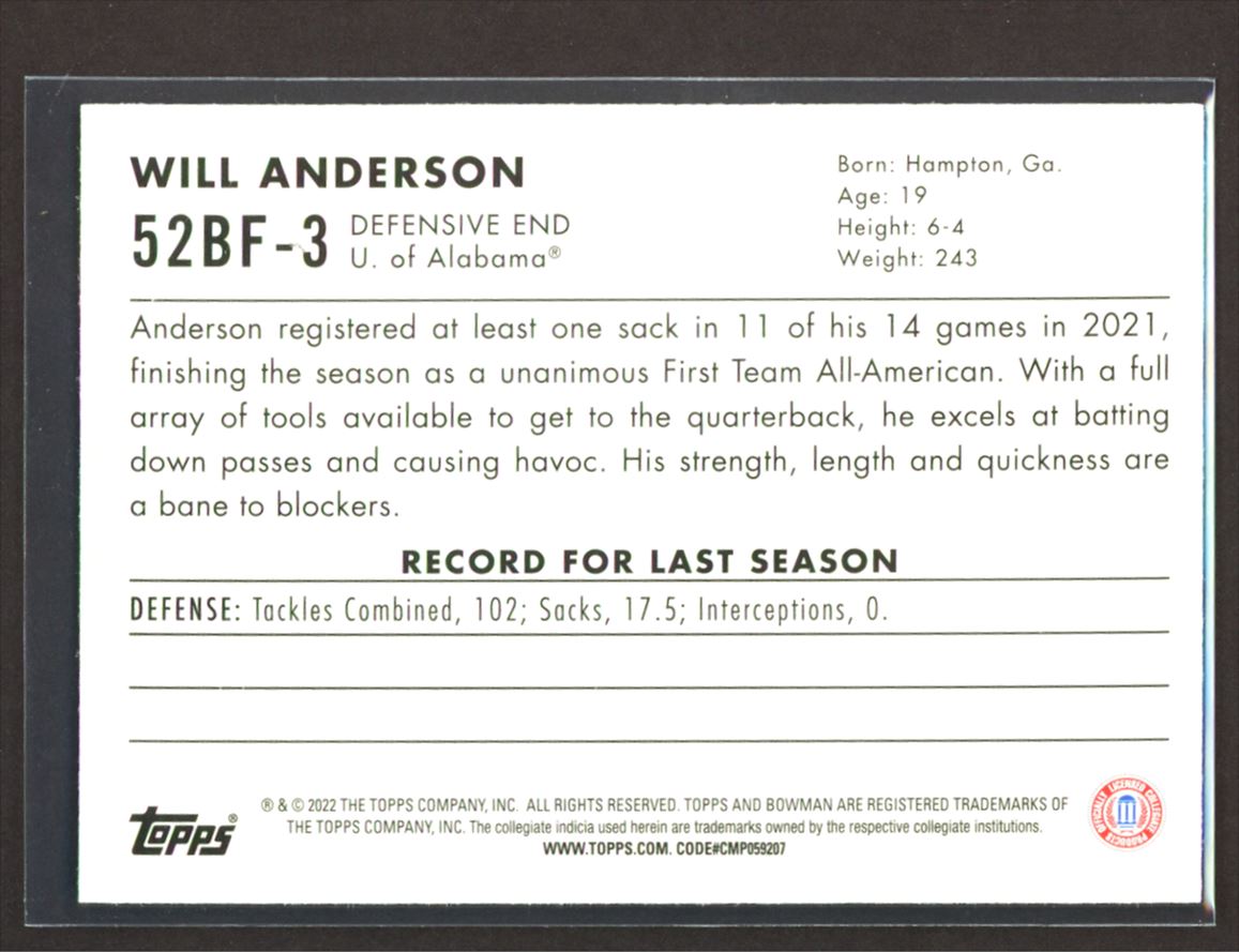 Will Anderson 2022 Topps Bowman University Card # 52BF-3
