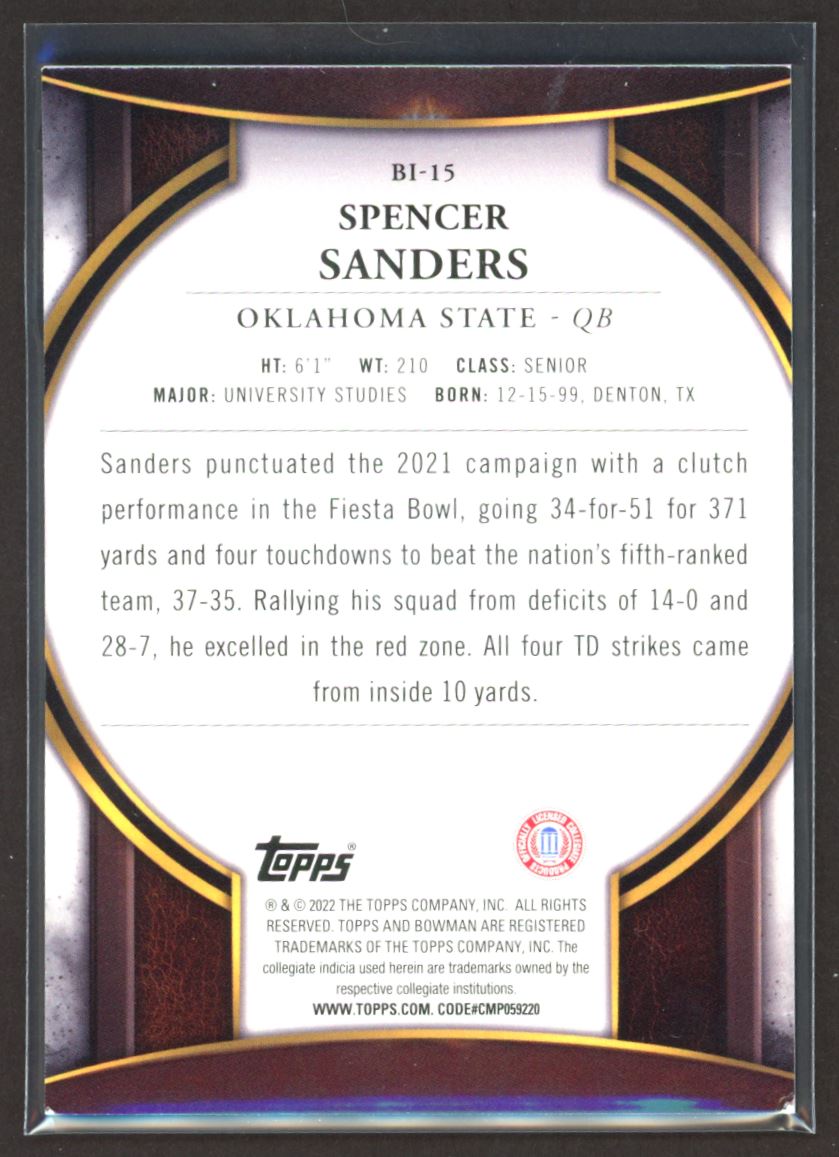 Spencer Sanders Invictus 2022 Topps Bowman University Card # BI-15