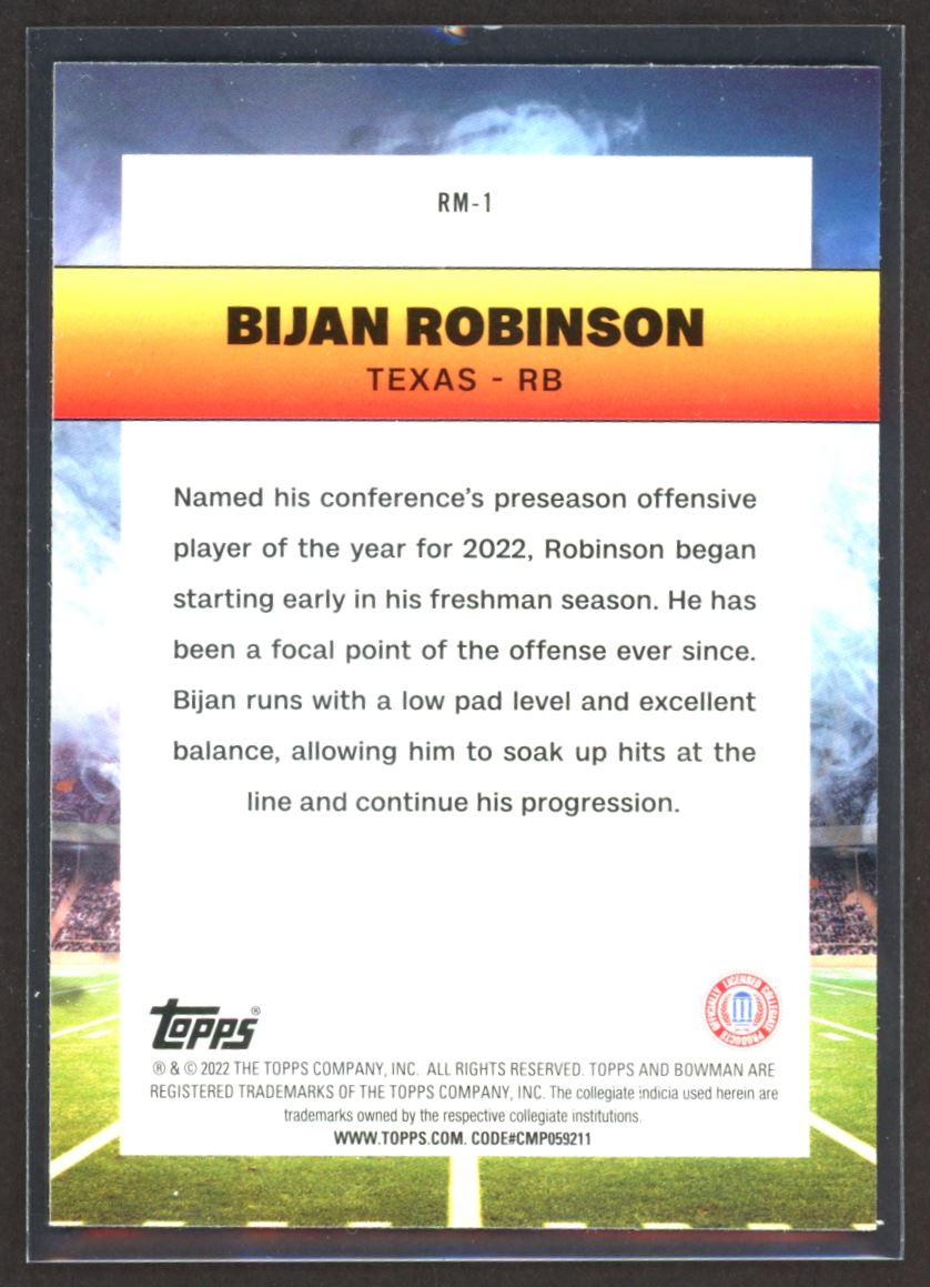Bijan Robinson Ramblin On 2022 Topps Bowman University Card # RM-1