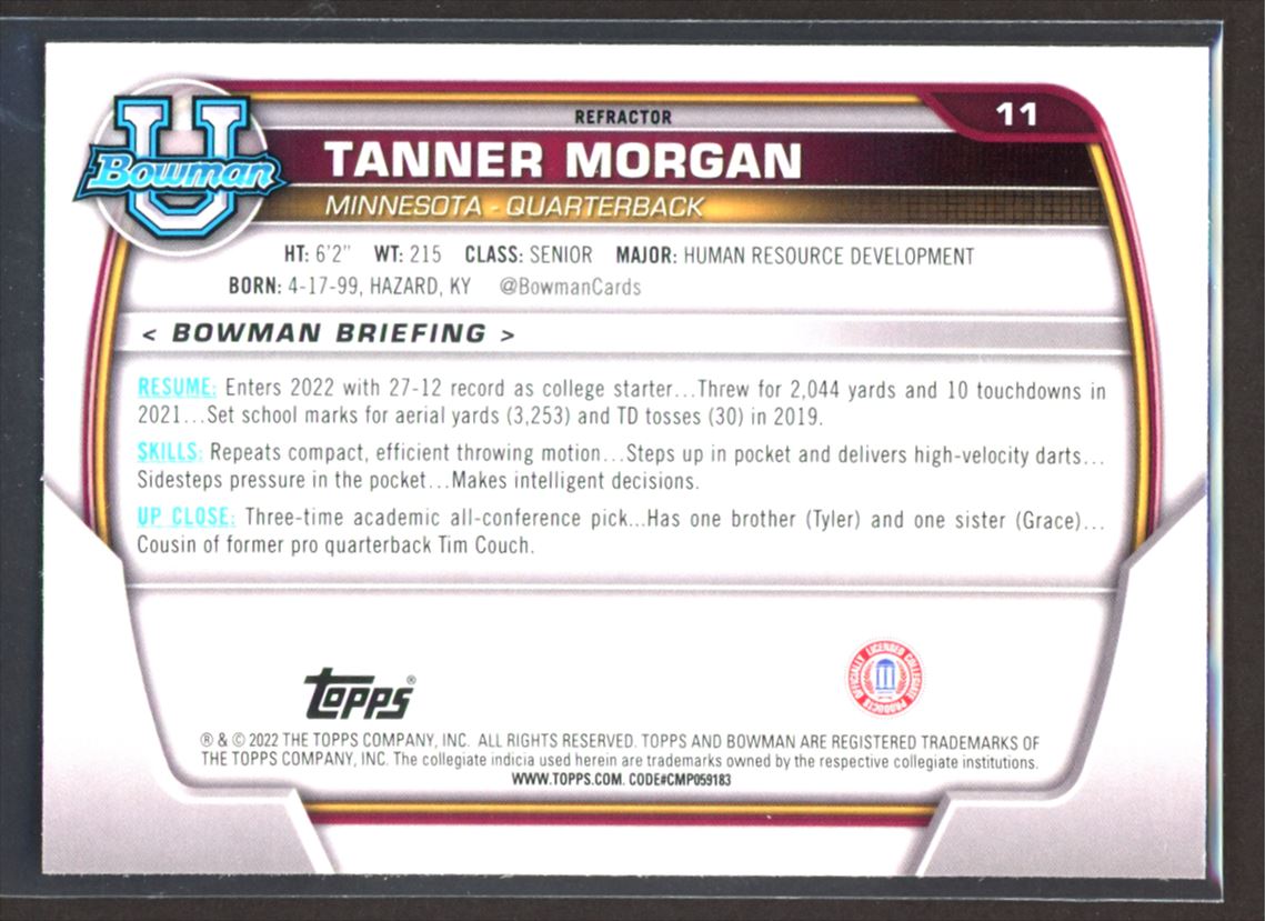 Tanner Morgan Silver Refractor 2022 Topps Bowman University Rookie Card # 11