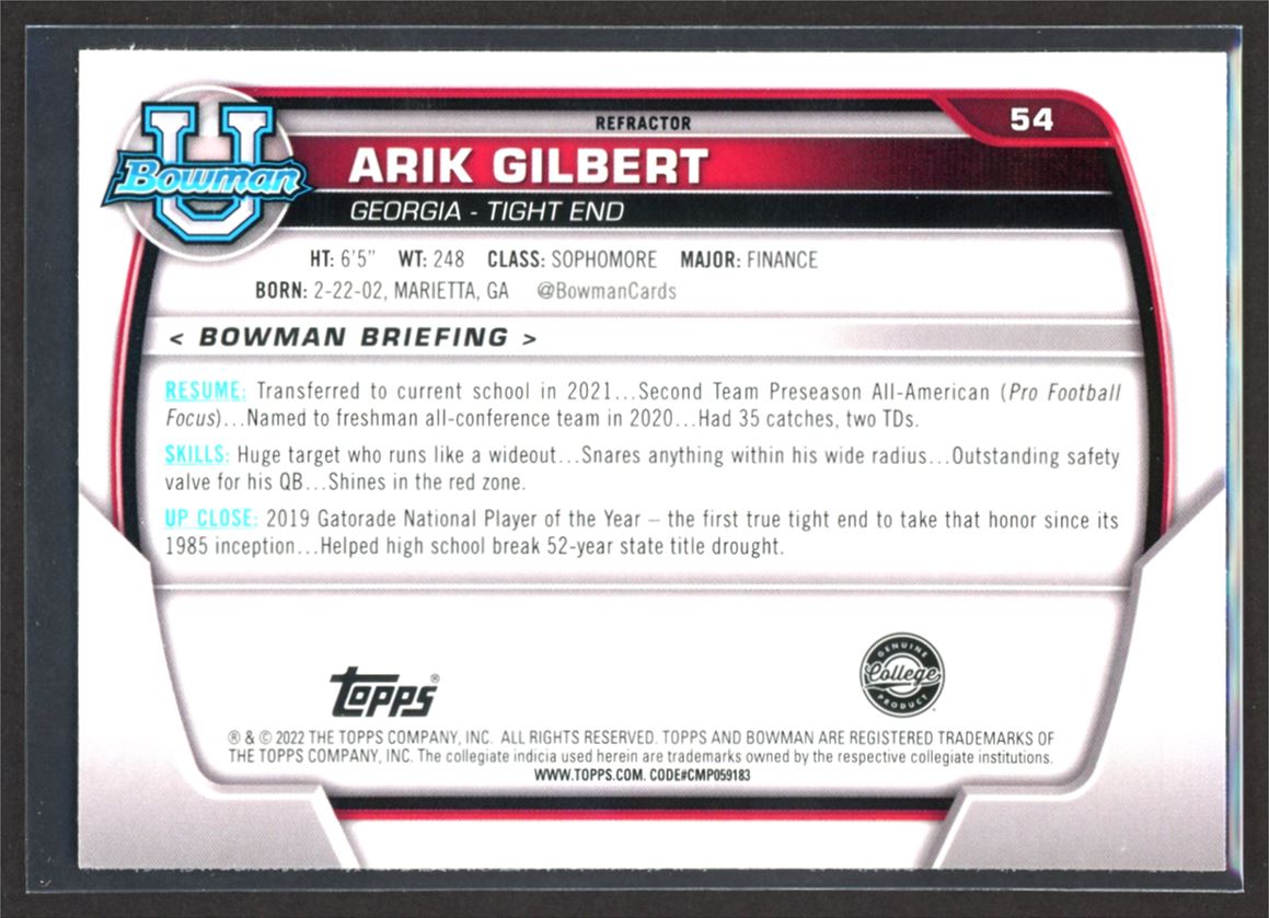 Arik Gilbert Silver Refractor 2022 Topps Bowman University Rookie Card # 54