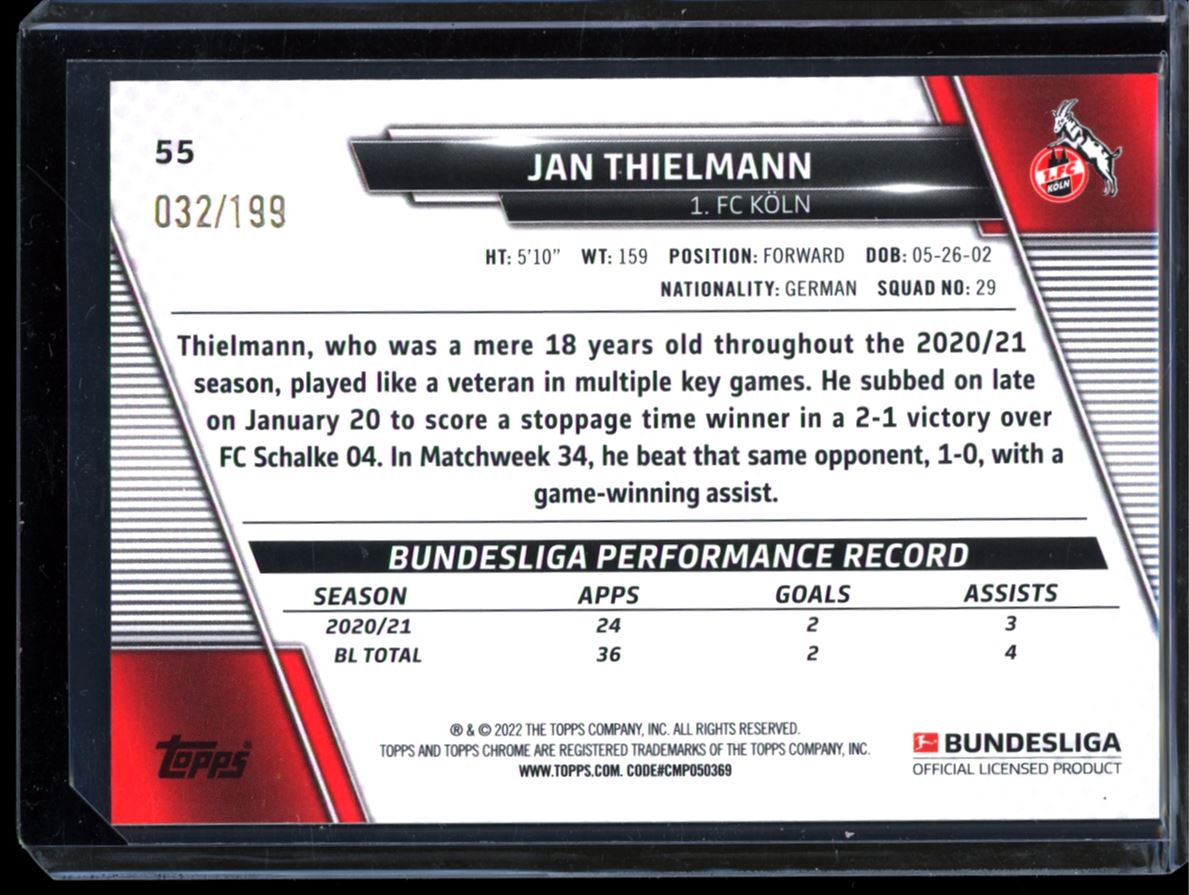Jan Theilmann Hyper Prizm 032/199 2022 Topps Finest Bundesliga Chrome Card # 55