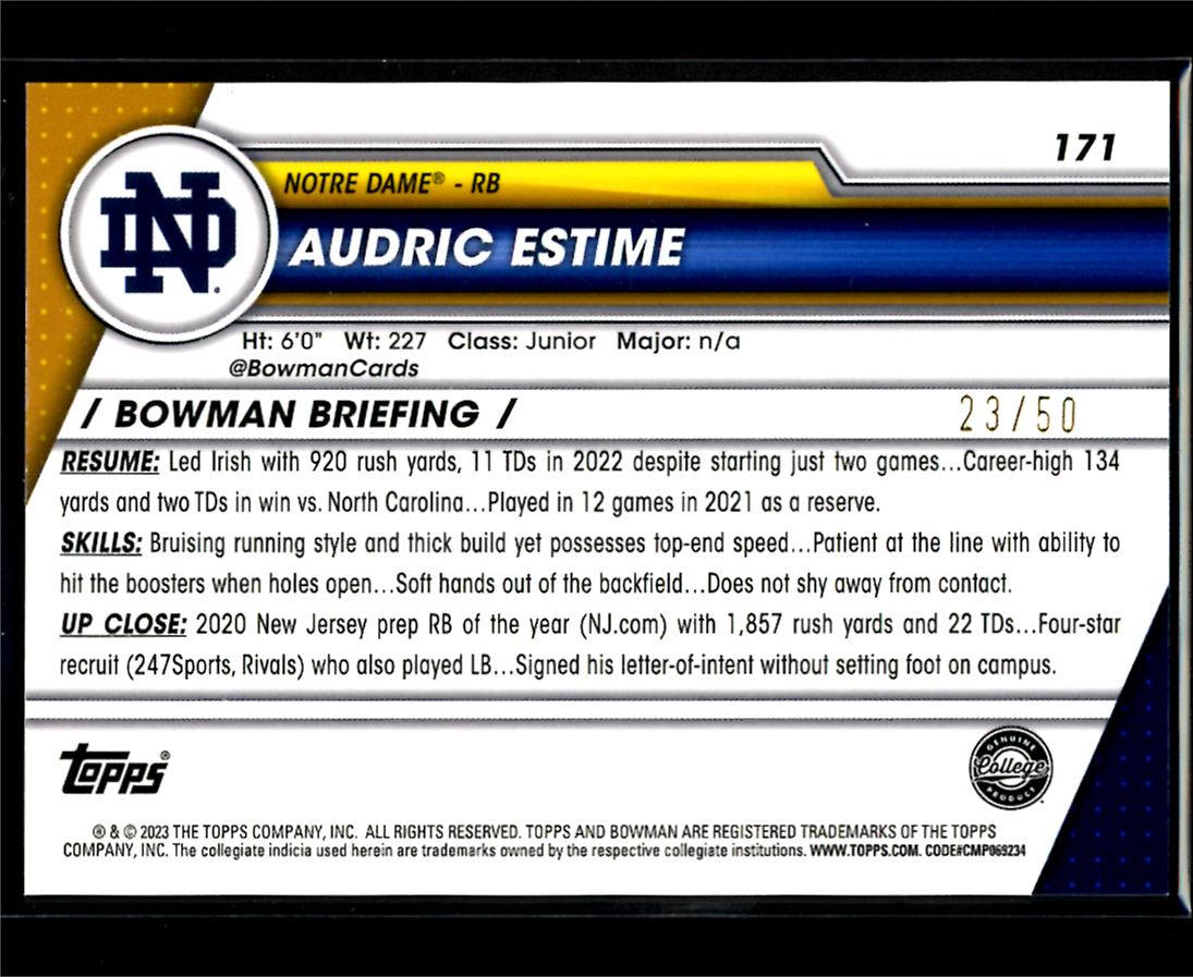 Audric Estime Gold Ice 23/50 2023 Bowman U Chrome Rookie Card # 171