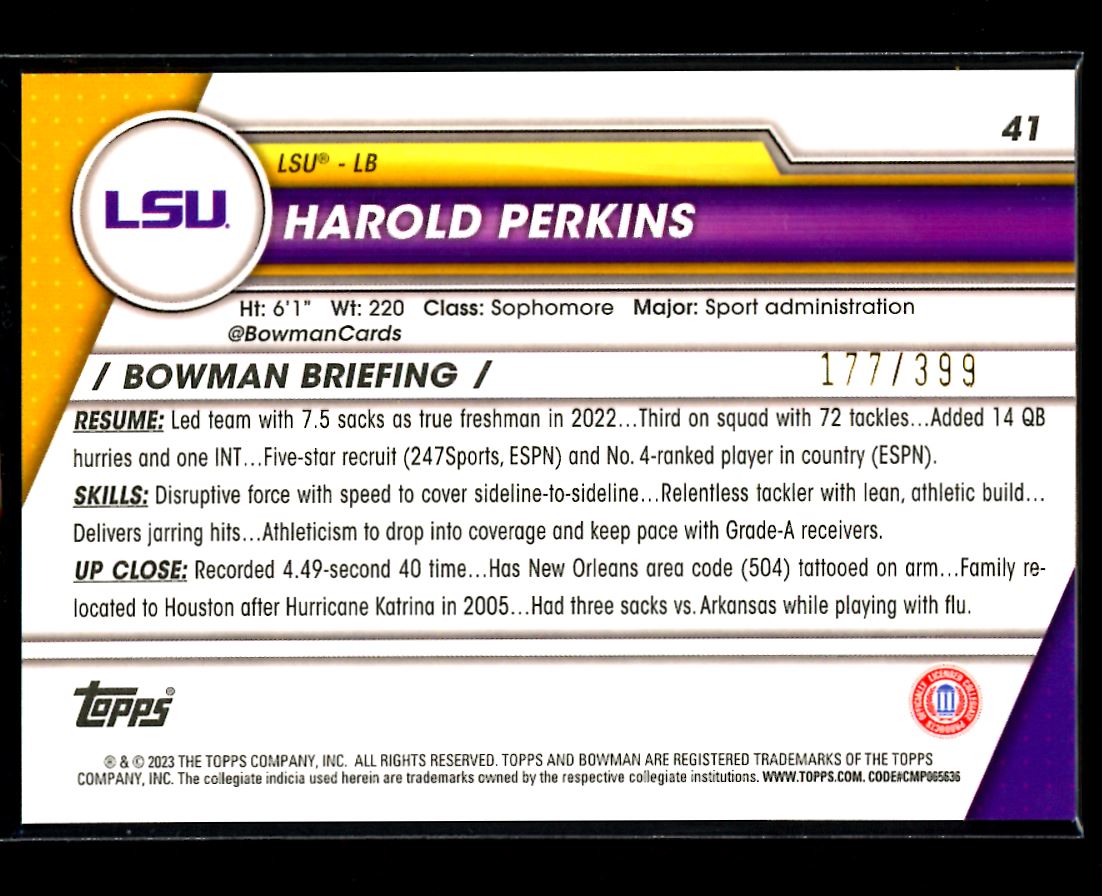 Harold Perkins Purple 177/399 2023 Bowman U Chrome Rookie Card # 41