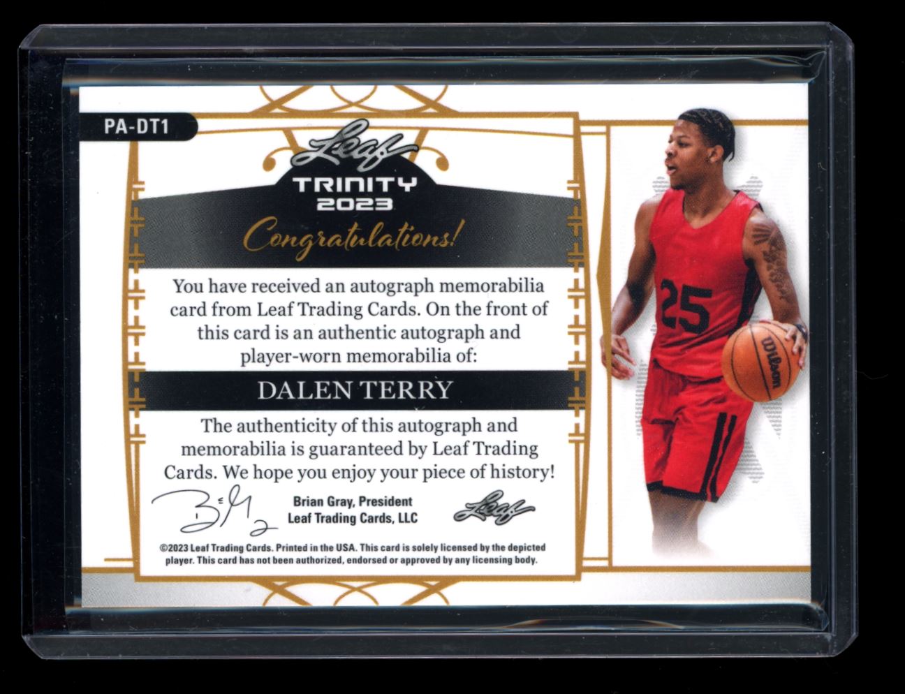 Dalen Terry Player Worn RPA 13/99 2023 Leaf Trinity Basketball Rookie Autograph Card # PA-DT1
