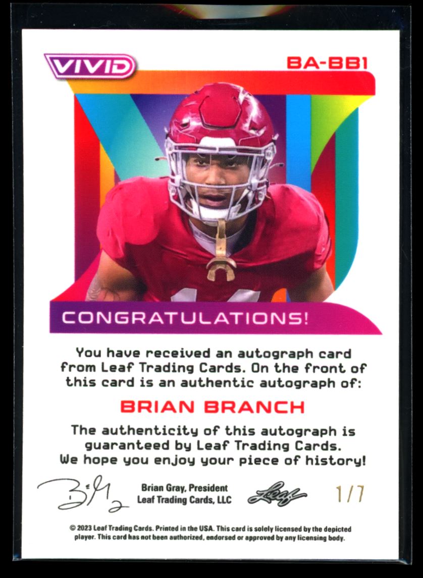 Brian Branch Blue Mojo 1/7 2023 Leaf Vivid Football Rookie Autograph Card #BA-BB1