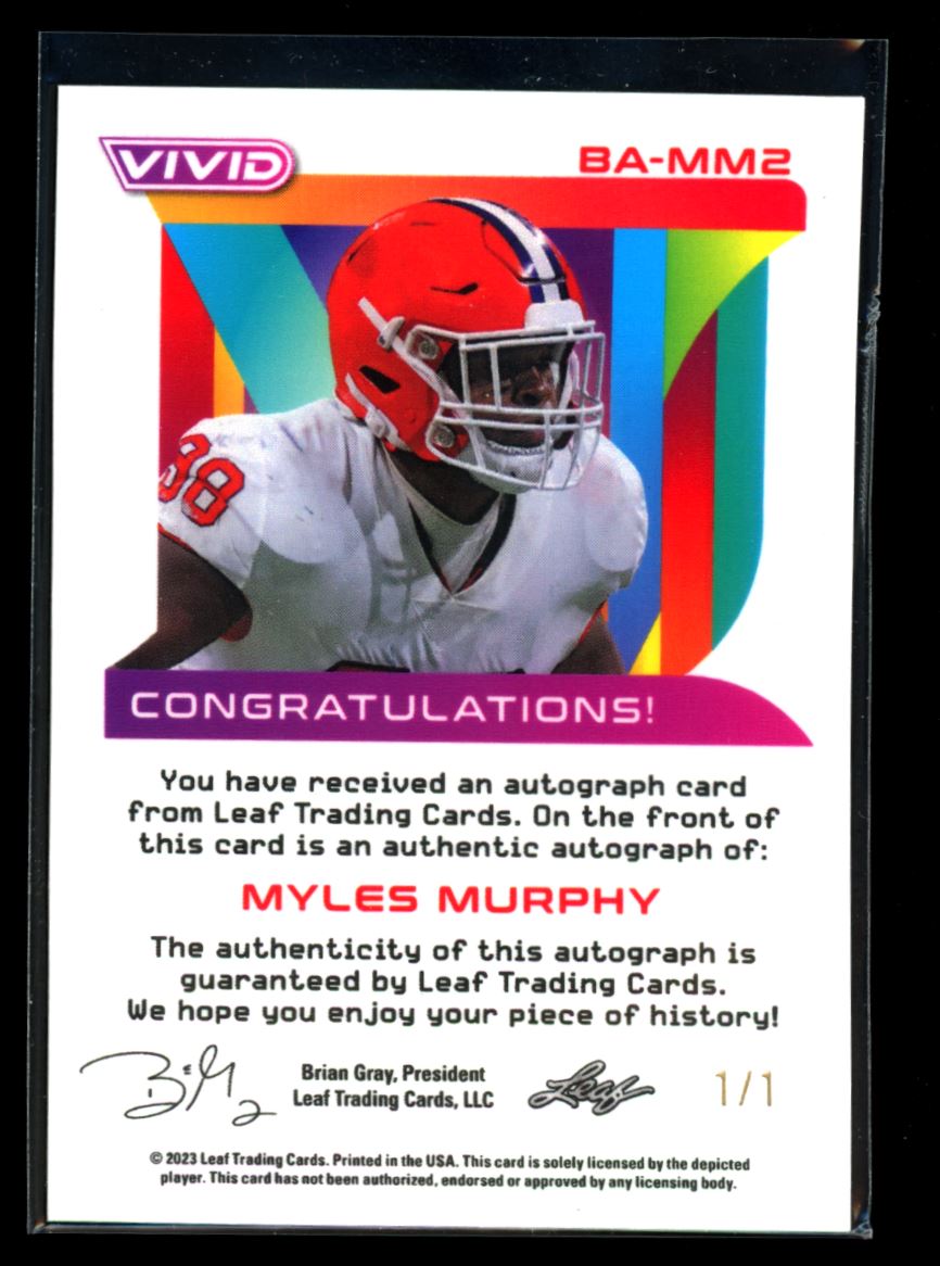 Myles Murphy Gold Vinyl 1/1 2023 Leaf Vivid Football Rookie Autograph Card #BA-MM2