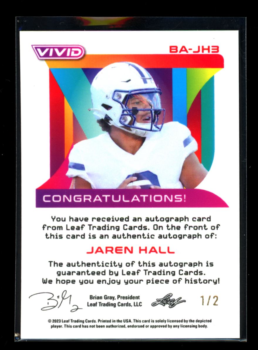 Jaren Hall Purple Cracked Ice 1/2 2023 Leaf Vivid Football Rookie Autograph Card #BA-JH3