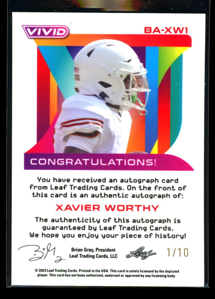 Xavier Worthy Yellow Cracked Ice 1/10 2023 Leaf Vivid Football Autograph Card # BA-XW1