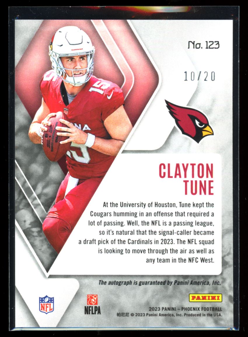 Clayton Tune Orange 10/20 2023 Panini Phoenix Rookie Autograph Card # 123
