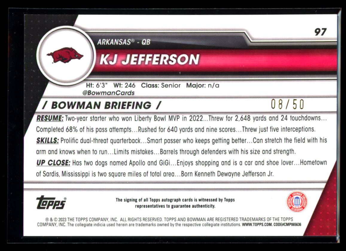 KJ Jefferson Gold Lava 8/50 2023 Topps Bowman U Chrome Autograph Card # 97