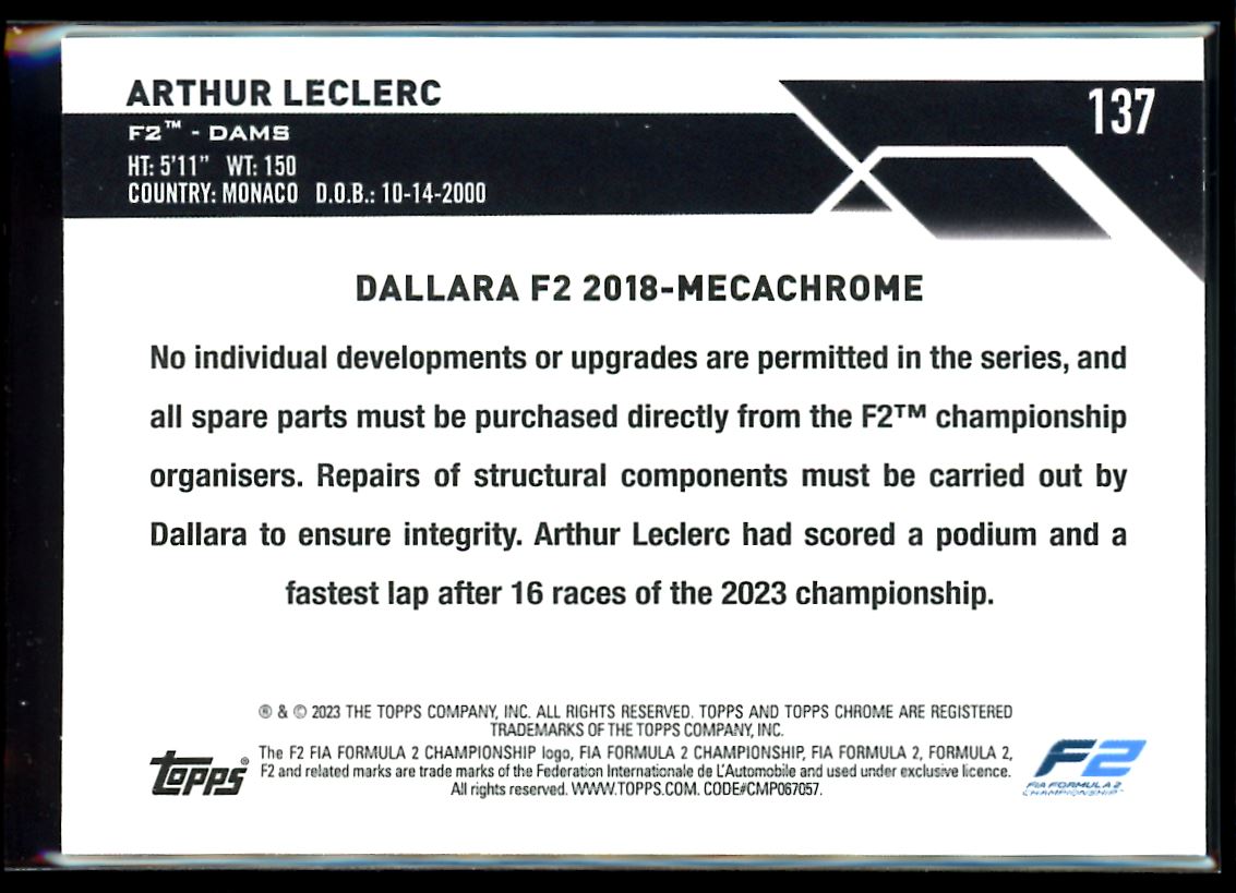 Arthur LeClerc Aqua Wave /150 2023 Topps Chrome F1 Card # 137