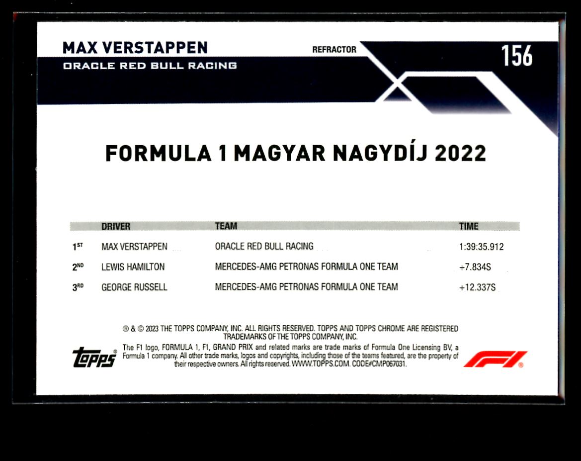Max Verstappen Refractor 2023 Topps Chrome F1 Card # 156
