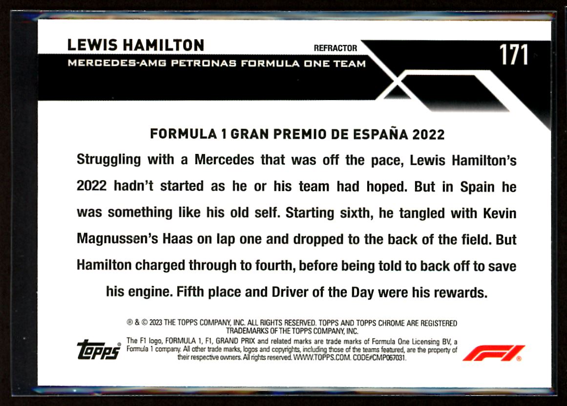 Lewis Hamilton Refractor 2023 Topps Chrome F1 Card # 171