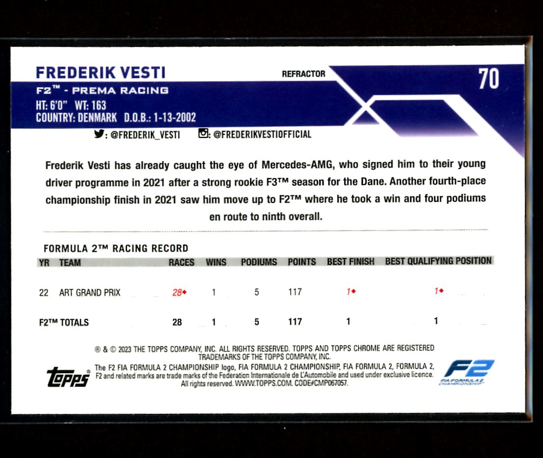 Frederik Vesti Refractor 2023 Topps Chrome F1 Card # 70