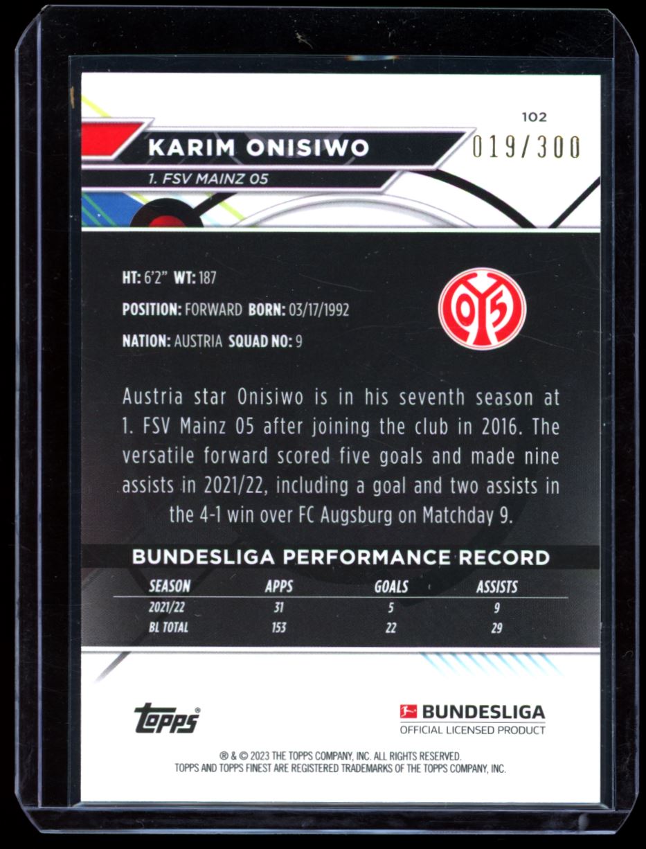 Karim Onisiwo Purple 019/300 2023 Topps Finest Bundesliga Chrome Card # 102