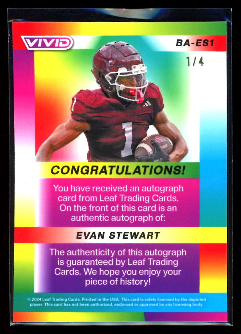 Evan Stewart Green Ice /4 2024 Leaf Vivid Football Autograph Card # BA-ES1