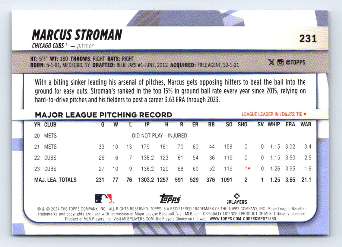 Marcus Stroman Rainbow Foil 2024 Topps Big League Baseball Card # 231