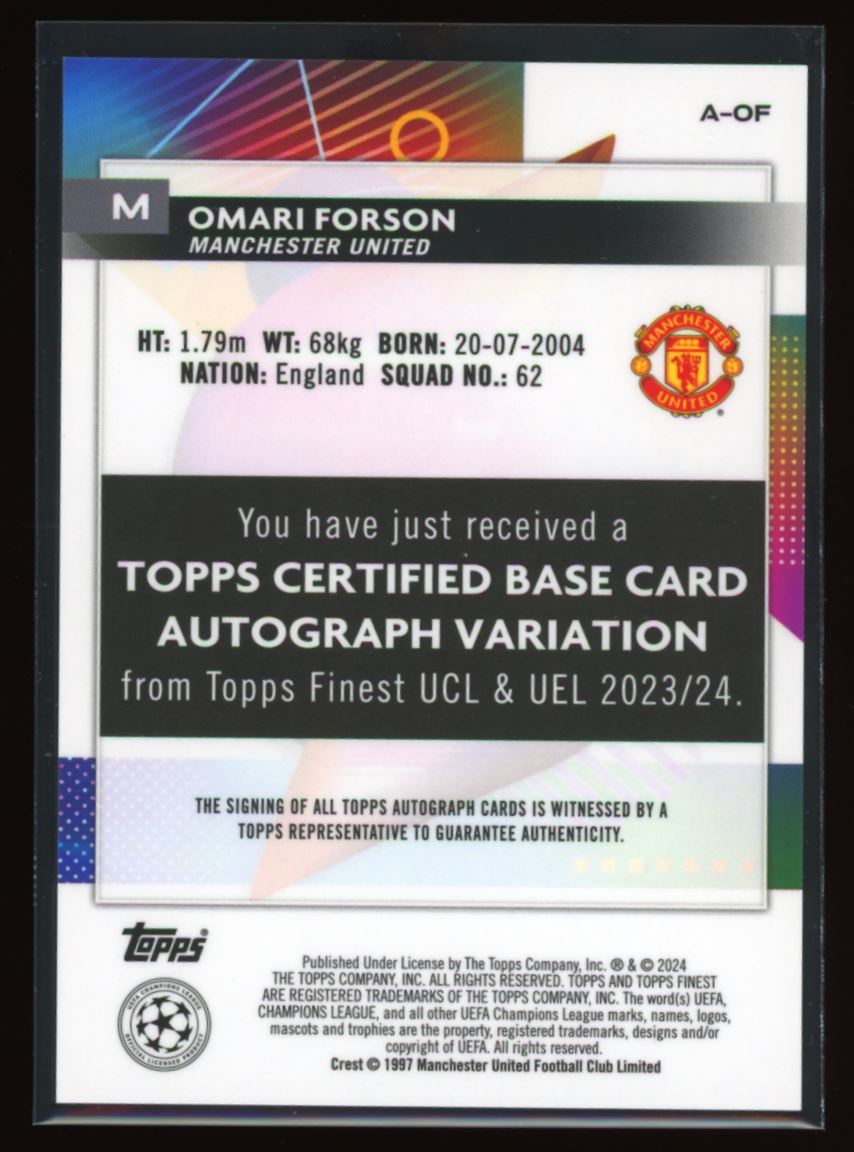 Omari Forson 2024 Topps Finest UEFA Rookie Autograph Card # A-OF