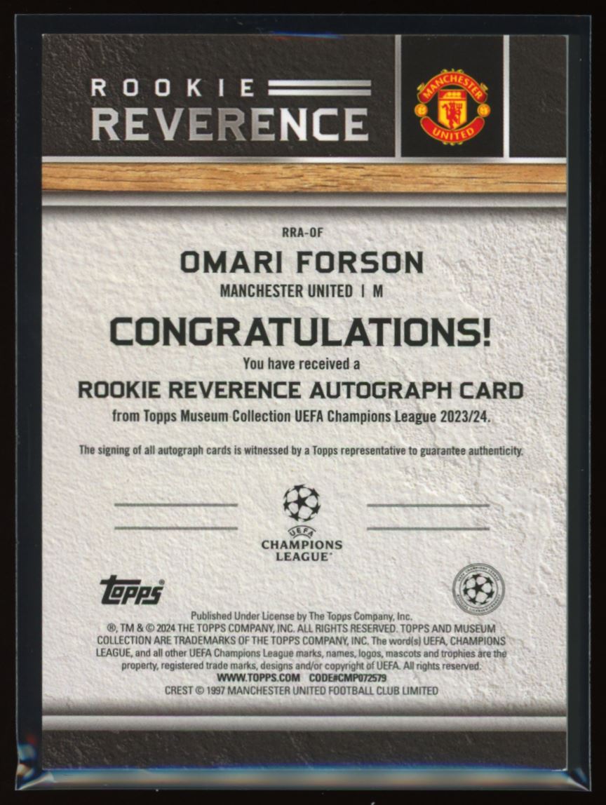 Omari Forson /299 2024 Topps Museum Collection UEFA Rookie Autograph Card # RRA-OF