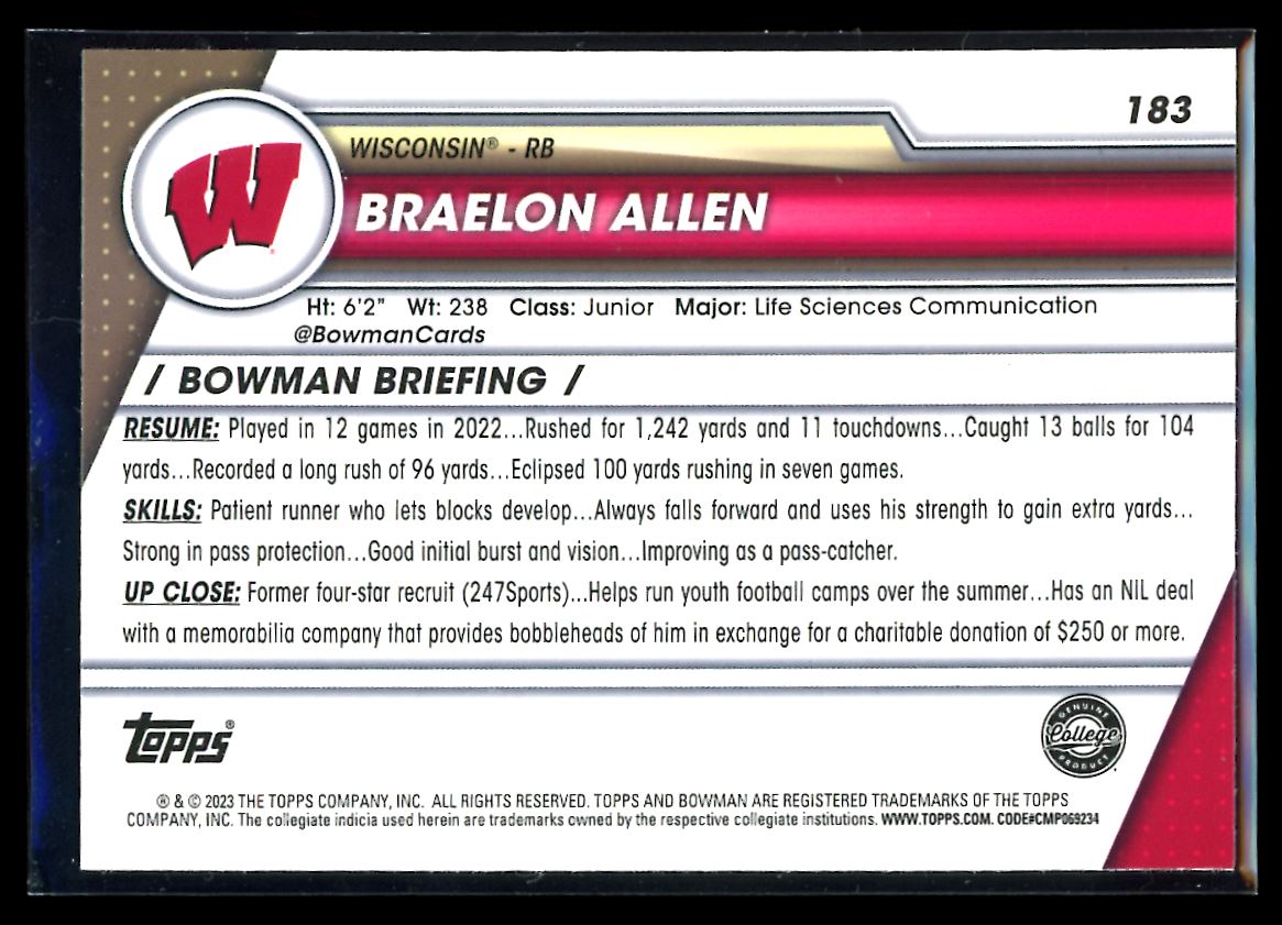Braelon Allen Sapphire 2023 Bowman U Chrome Card # 183