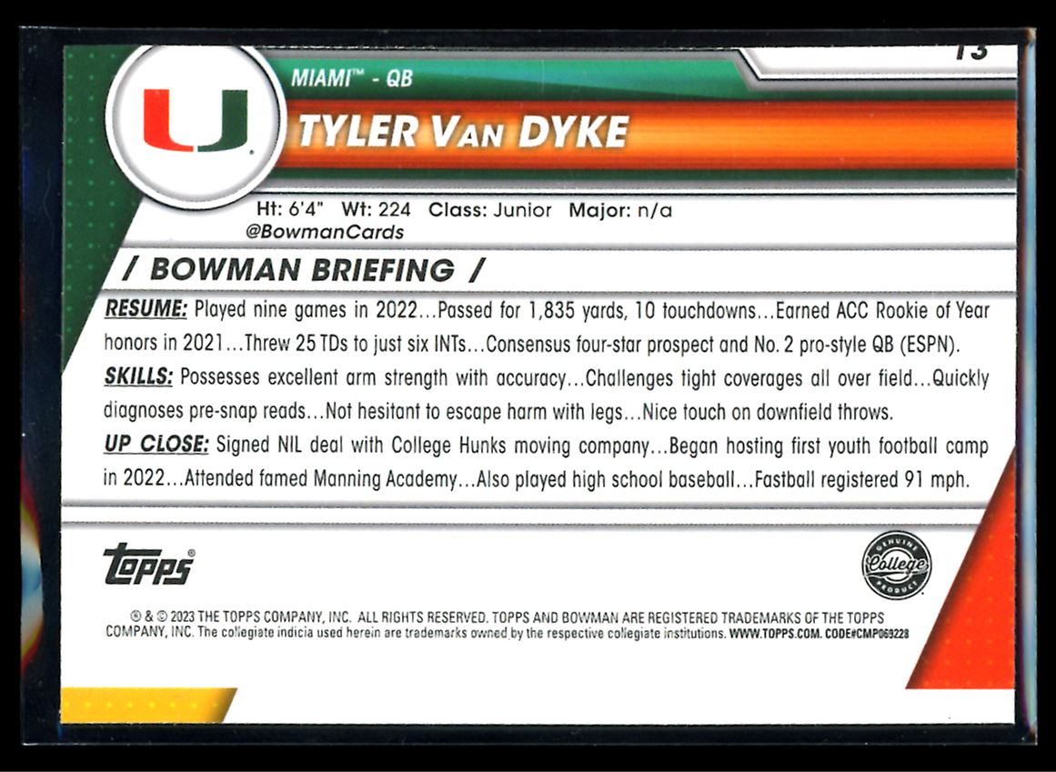 Tyler Van Dyke Sapphire 2023 Bowman U Chrome Card # 73