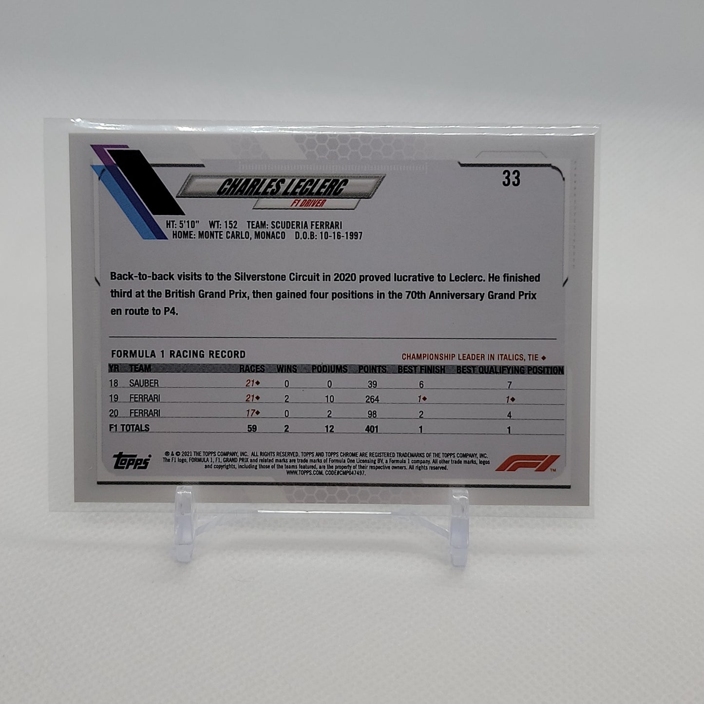 Charles Leclerc Black and White Ray Wave Topps Chrome Formula 1 Base Card #33