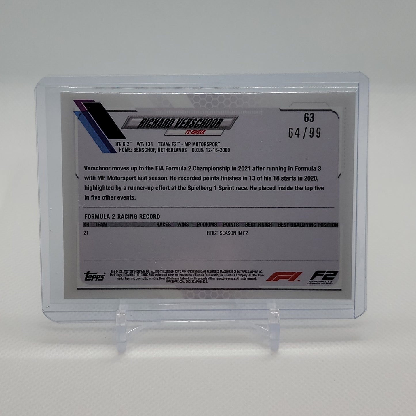 Richard Verschoor 64/99 Aqua Refractor Topps Chrome SAPPHIRE 2021 Formula 1 Card #63