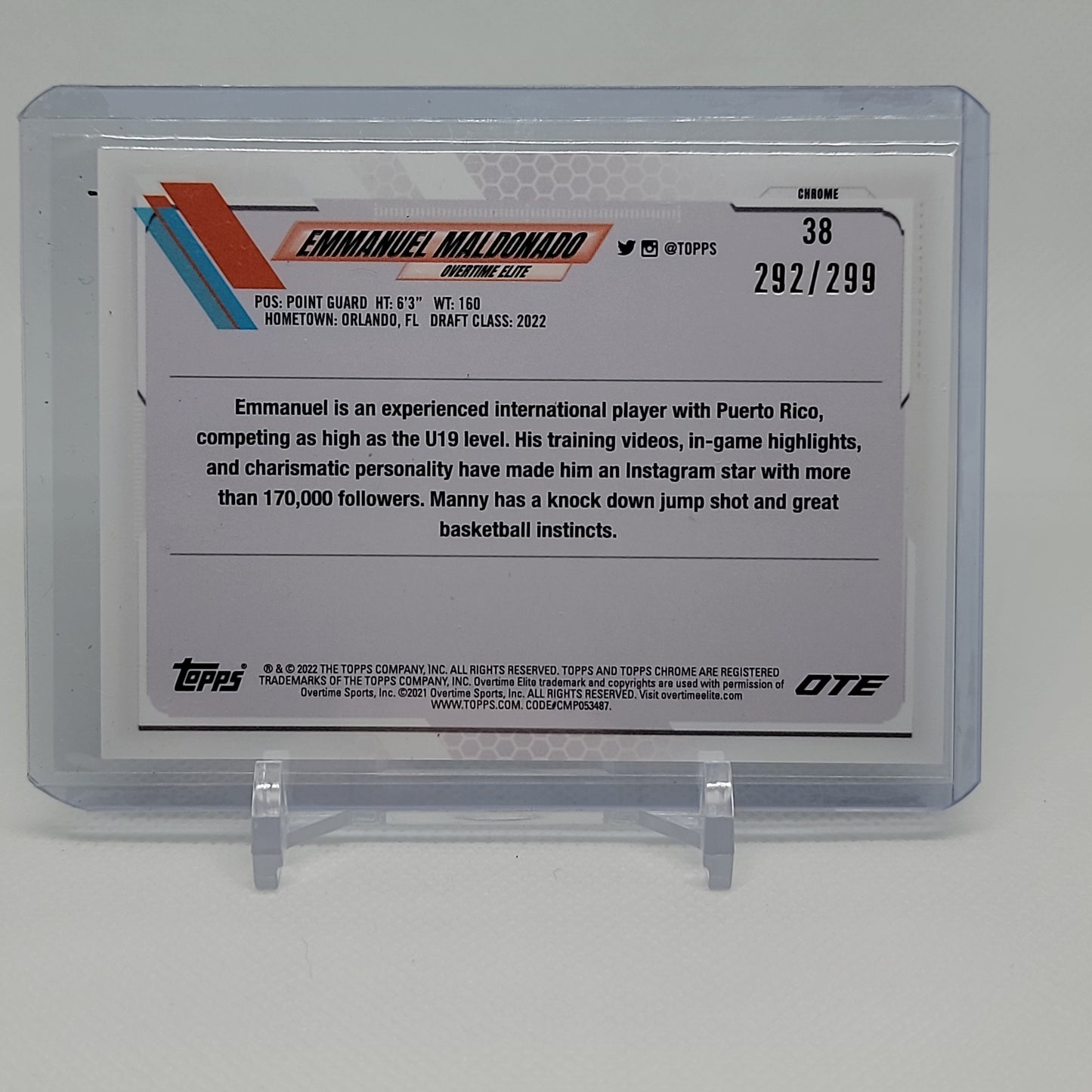 Emmanuel Maldonado 292/299 Refractor RC Topps Chrome 2022 OTE Card No. 38