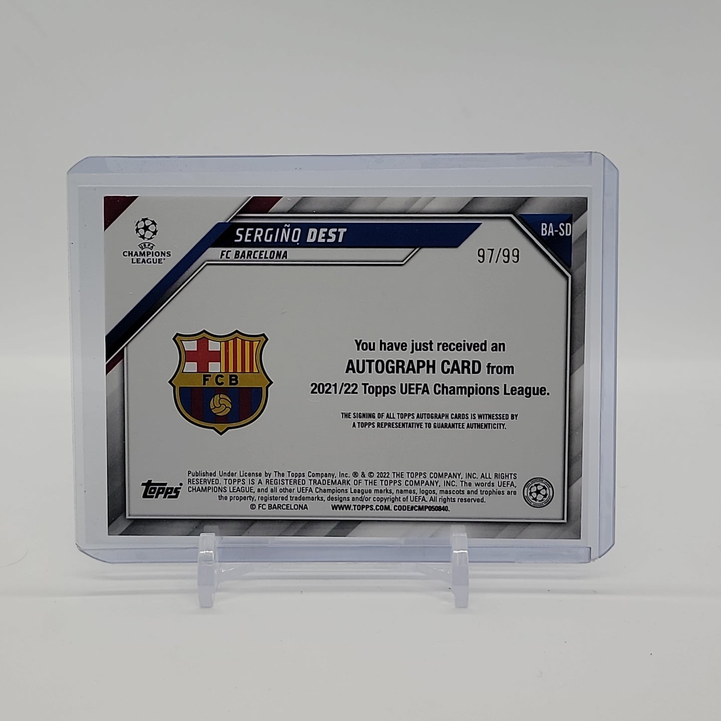 Sergino Dest Blue Foil AUTO /99 2021-22 Topps UEFA Champions League Card BA-SD