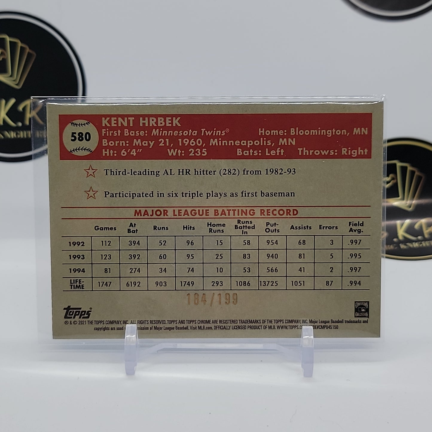 Kent Hrbek Blue Mini Diamond Refractor 184/199 #580